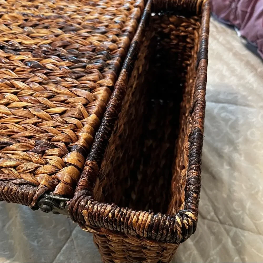NEW Pottery Barn Rattan Wicker Metal Folding Side Table Tea Brunch Bed Table T…